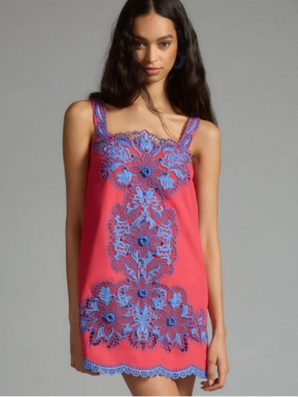 Anthropologie Square-Neck Embroidered Shift Dress - Red Multi